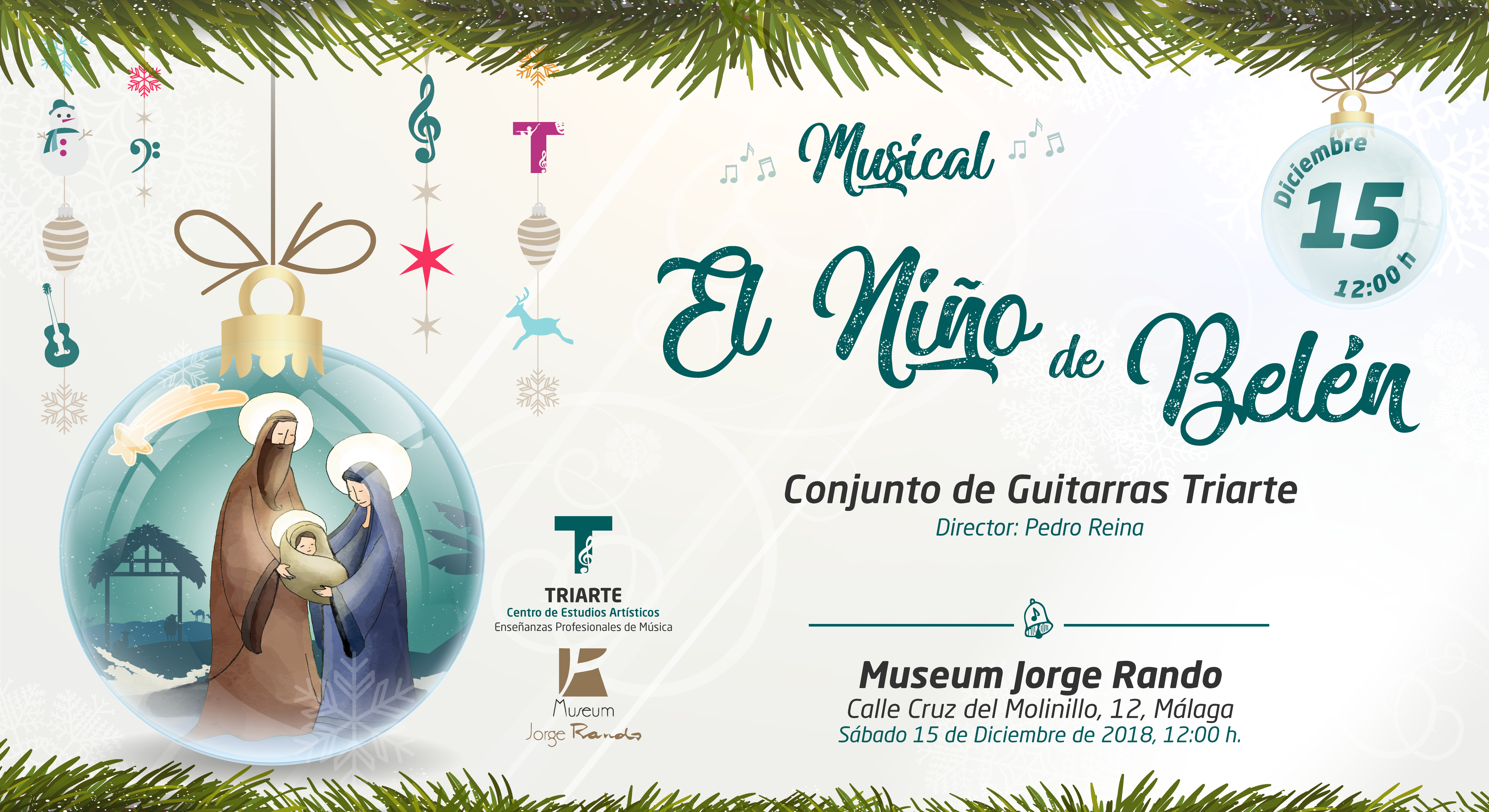 Conjunto de Guitarras Triarte,. Concierto en Museum Jorge Rando de Málaga. Musical "El niño de Belén. Málaga, Navidad 2018