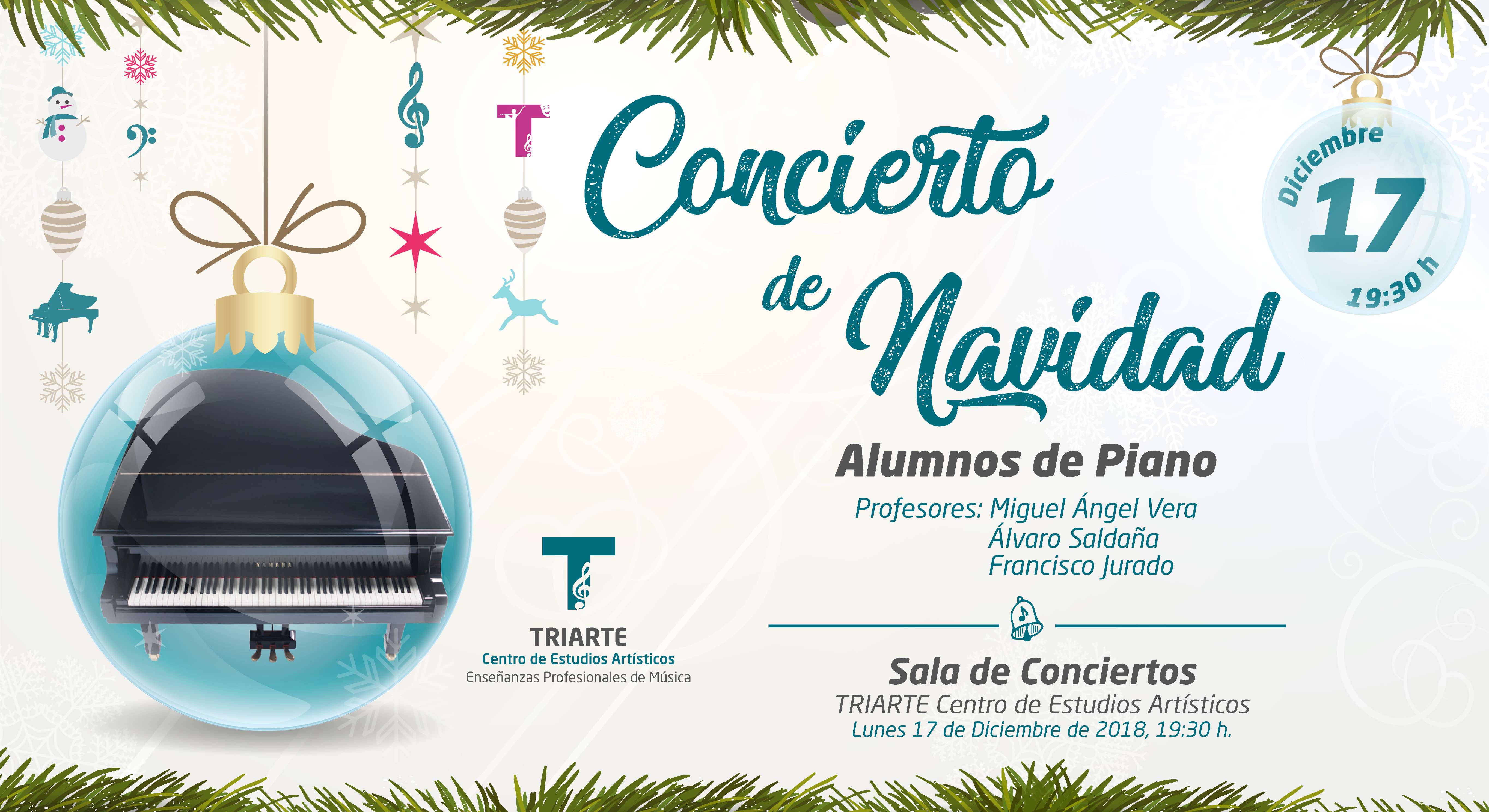 Concierto de Piano. Triarte - Centro de Estudios Artísticos. Navidad 2018. Profesores Miguel Ángel Vera, Álvaro Saldaña y Francisco Jurado. Málaga 2018.