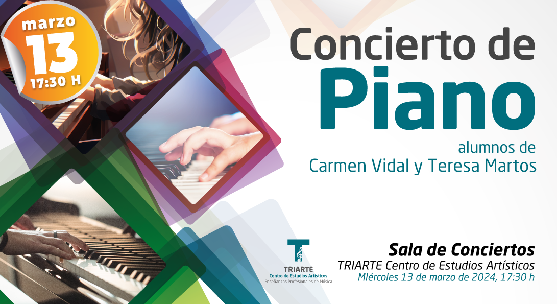 Dentro de las actividades programadas por TRIARTE, está el realizar conciertos con los alumnos para mejorar su formación musical. El Miércoles 13 de marzo a las 17:30 h los alumnos de Piano de nuestra profesora Carmen Vidal y Teresa Martos nos ofrecerán un concierto. La entrada será libre hasta completar el aforo de nuestra sala de conciertos.